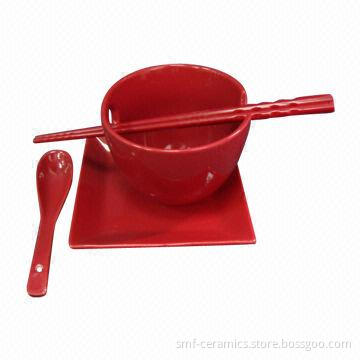 Ceramic Bowl with Saucer, Spoons and Chopstick Set, Glazed Ceramic Dinner Set Food Safe